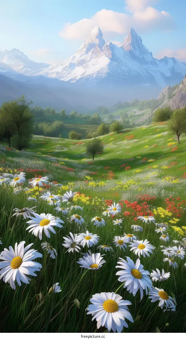 Field of daisies with a mountain landscape in the distance
