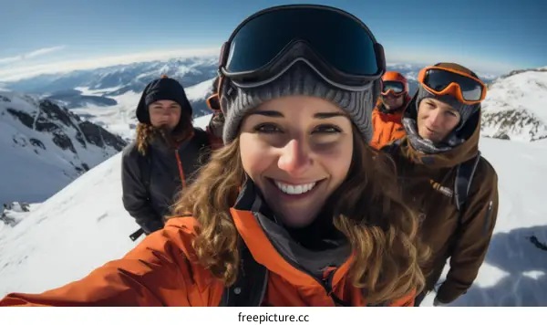 A group of friends skiing down a snowy mountain