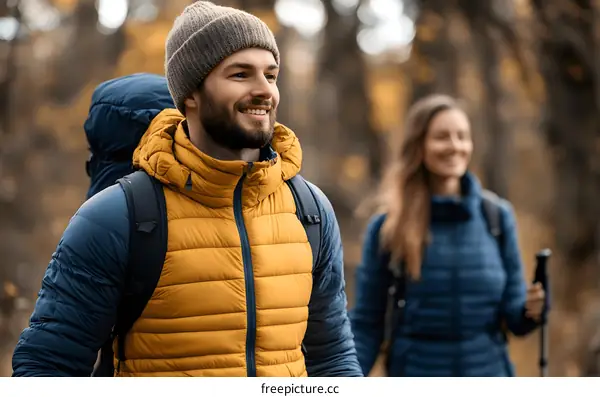 Smiling Man Hiking in Autumn Forest with Backpack