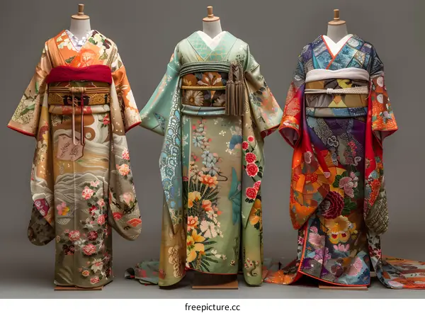 Three Japanese traditional wedding kimono displayed on mannequins