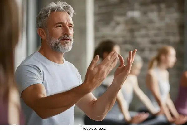 Man Talking to Group of People During Yoga Class