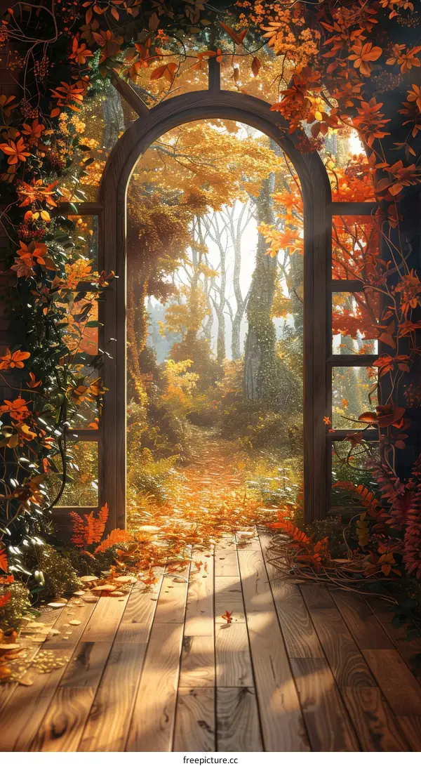 Autumn colored forest with an archway adorned with colorful leaves