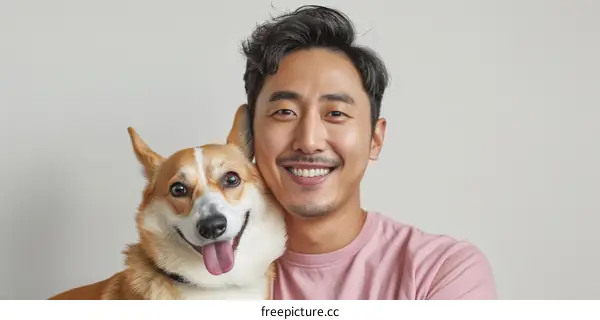 Asian man with a corgi dog