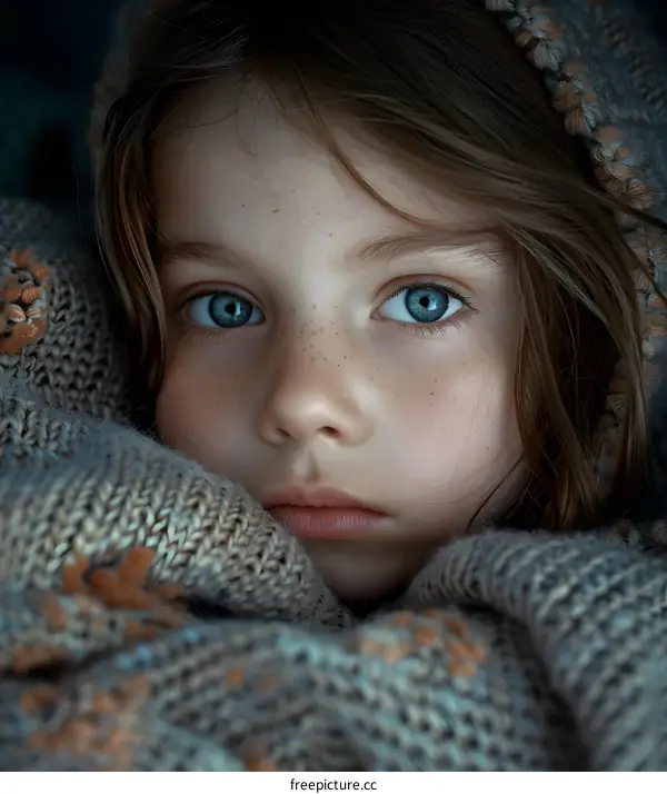 Little girl with blue eyes wrapped in a blanket