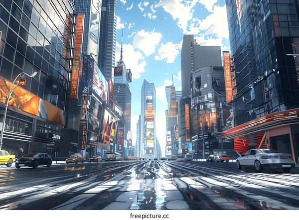 A wide shot of a city street with skyscrapers on both sides