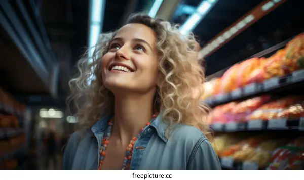 Happy young woman looking up in supermarket