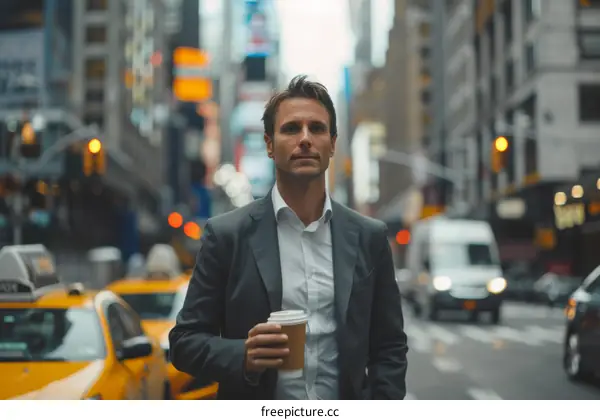 Confident businessman walking in the city street with coffee