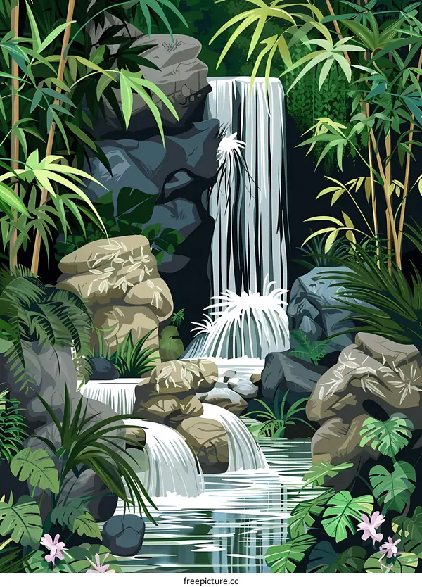 Waterfall in a Lush Tropical Forest