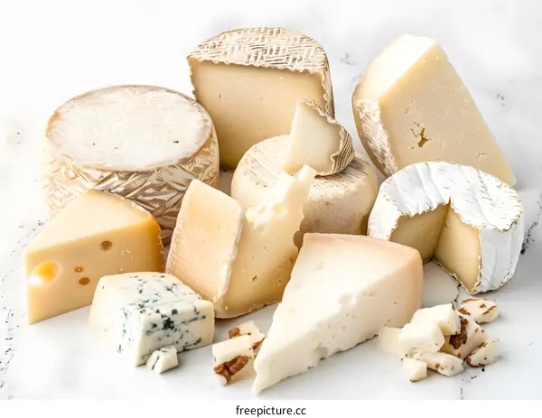 Variety of Cheeses on White Marble Background