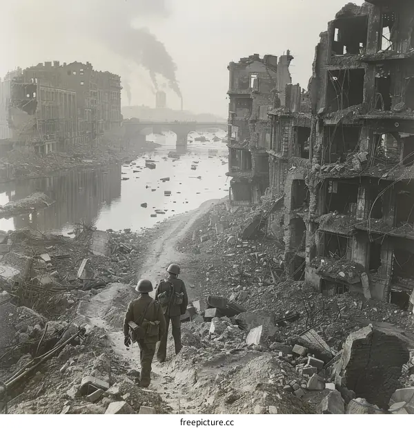 Two soldiers walking through a destroyed city during World War II