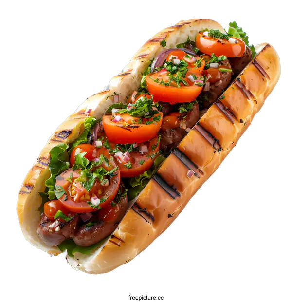 [Transparent Background PNG]Grilled sausage sandwich with tomatoes and onions