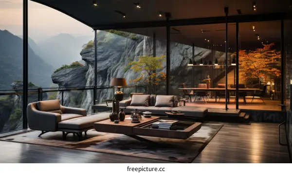 Modern living room interior with large windows and mountain views