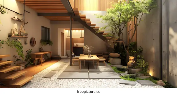 Modern Japanese Style Patio Design With Wooden Stairs and Pebble Garden