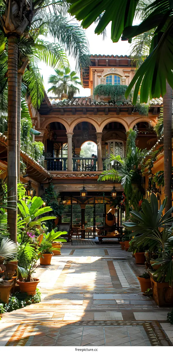Courtyard of a Spanish style house with a red tile roof, surrounded by lush tropical plants and palm trees