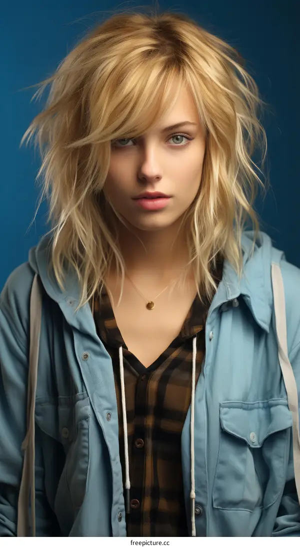 Portrait of a young blonde woman with green eyes and a blue jacket