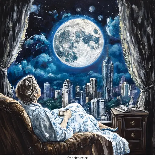 Night View of City Through Window with Woman Looking at Moon