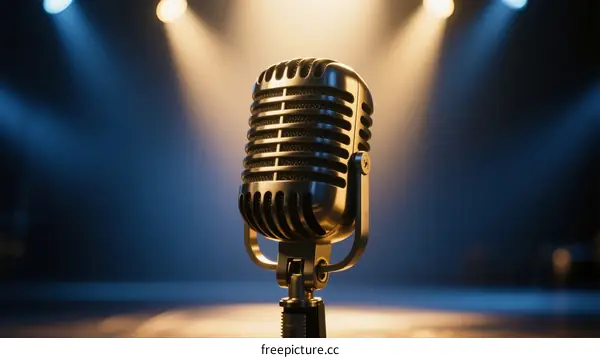 Vintage microphone on stage with bright spotlights shining