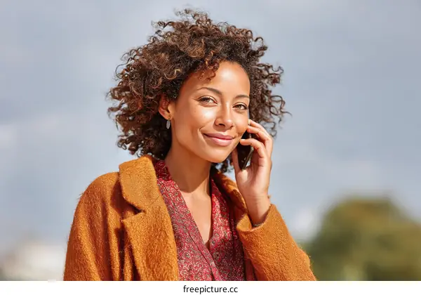 Woman Talking on Phone Outdoors Fashionable Autumn