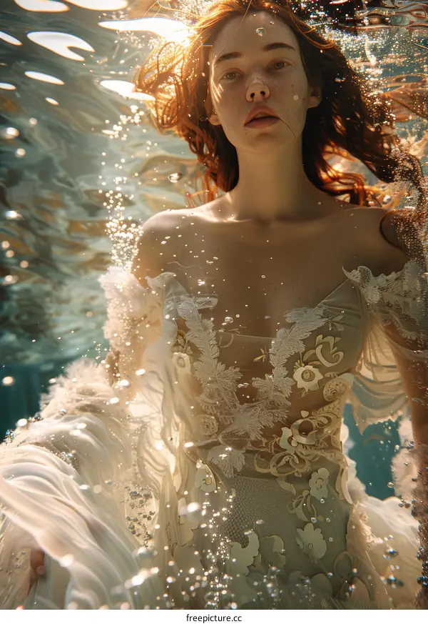 Redhead Woman in White Dress Underwater
