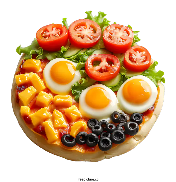 [Transparent Background PNG]Delicious Breakfast Pizza with Eggs, Tomatoes and Mango