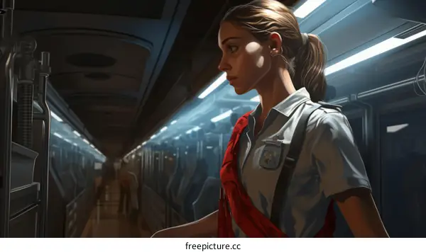 A woman in a red scarf stands defiantly in the face of oppression on a train.
