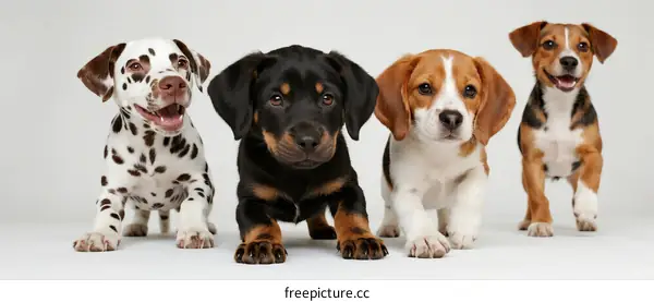Four adorable puppies of different breeds posing together