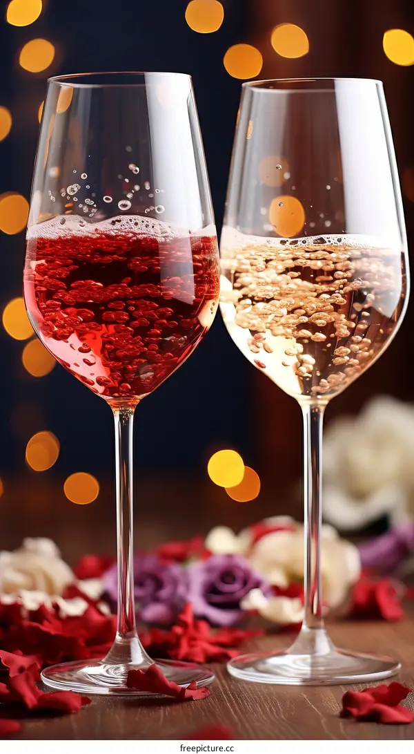 Two glasses of champagne with red and white wine on a wooden table with rose petals