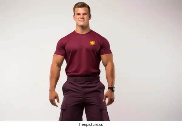 muscular man in maroon shirt and shorts