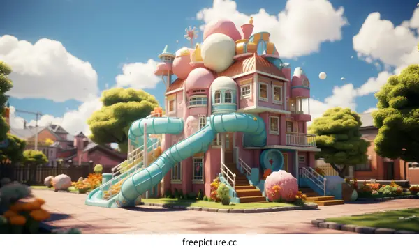 A Whimsical and Colorful House with Playful Exterior and a Slide