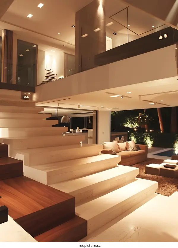 Modern Home Interior Design with Concrete Stairs and Glass Railing