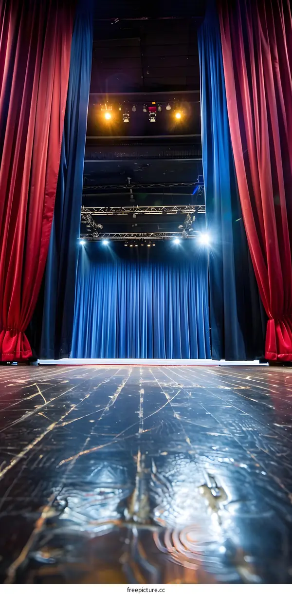 Red and Blue Stage Curtains with Spotlights