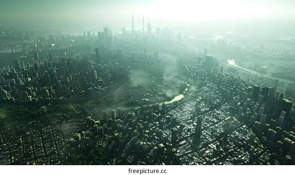 A俯瞰图of a large city with many skyscrapers.