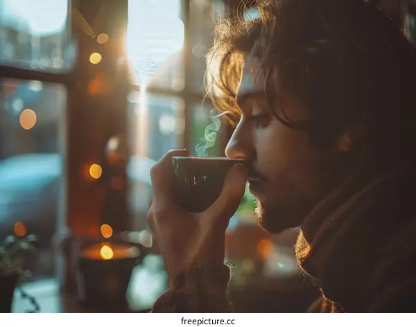 Man with a cup of coffee looking out the window