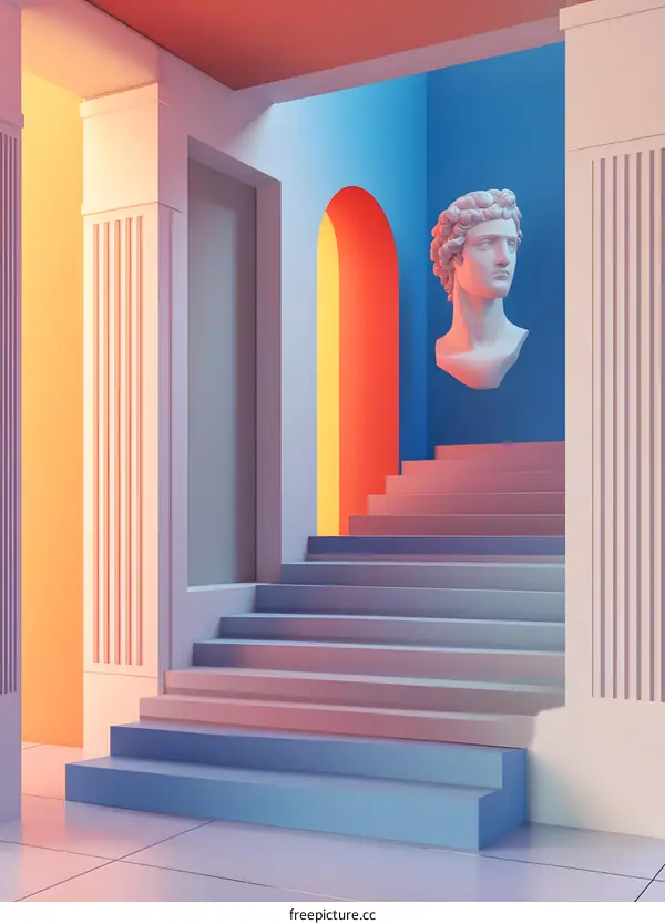 3D Rendered Staircase With Colorful Archways and Column