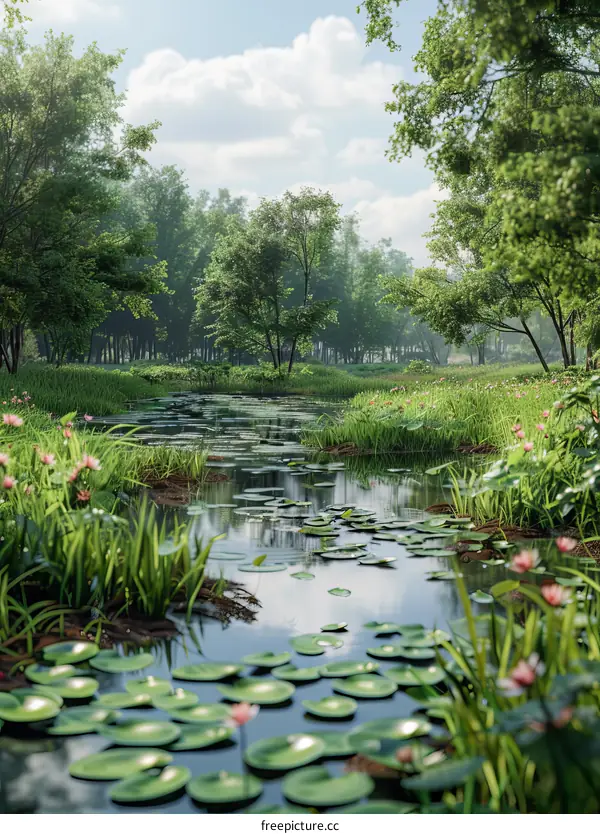 Sunlit Forest Clearing with Tranquil Pond