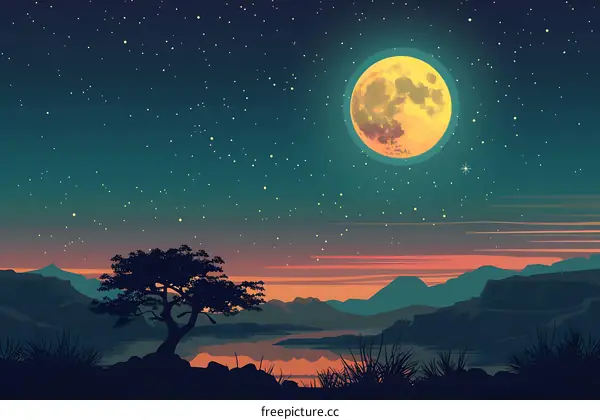 Night Sky With Big Full Moon and Mountains Landscape