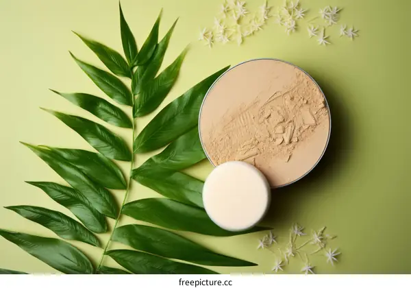 Pressed powder with green leaf and white flowers
