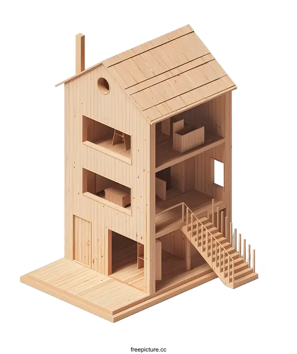 [Transparent Background PNG]Wooden House Model with Interior Details