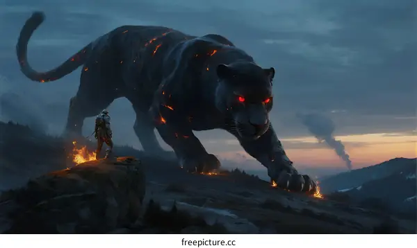 A massive black panther with glowing red eyes approaching a small figure