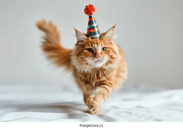 A ginger cat wearing a party hat is walking towards the camera