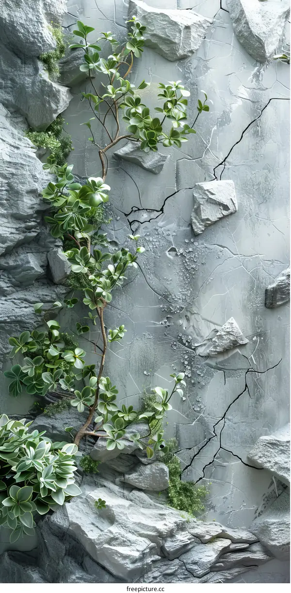 Decorative Gray Stone Wall with Plants