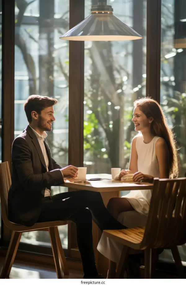 Businessman and businesswoman having a meeting in a cafe