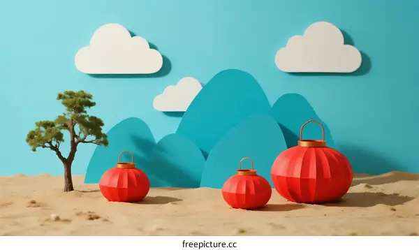 Red Chinese Lanterns with Clouds and Mountain Shapes in Sand