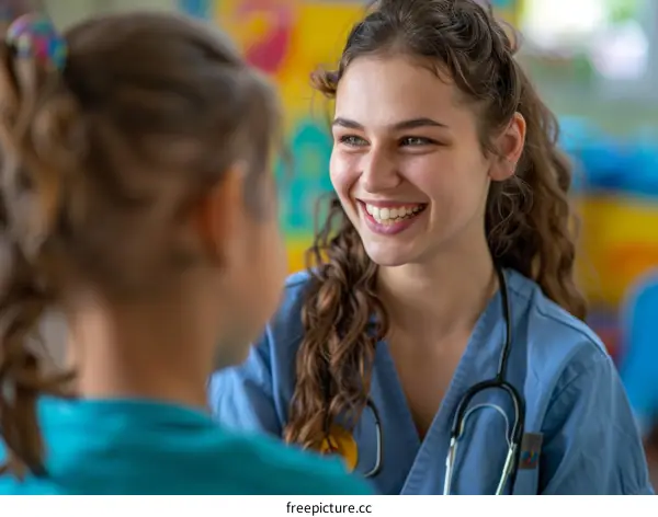Smiling young female doctor talking to a child