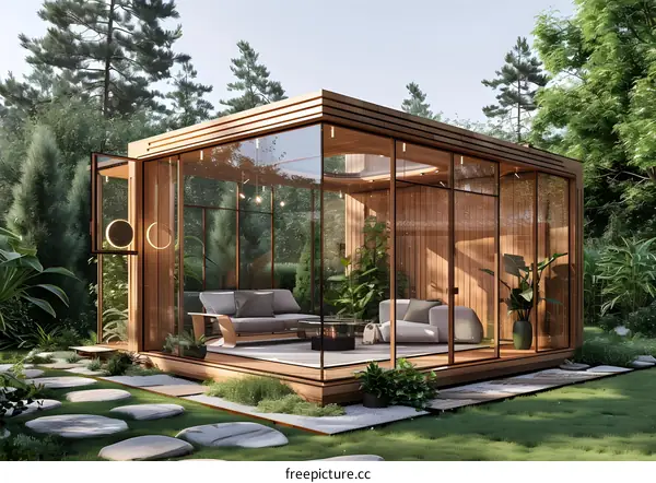 A modern glass cabin in the woods