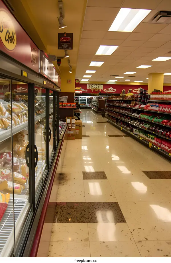 Empty Grocery Store Aisle with Refrigerated Case and Shelves