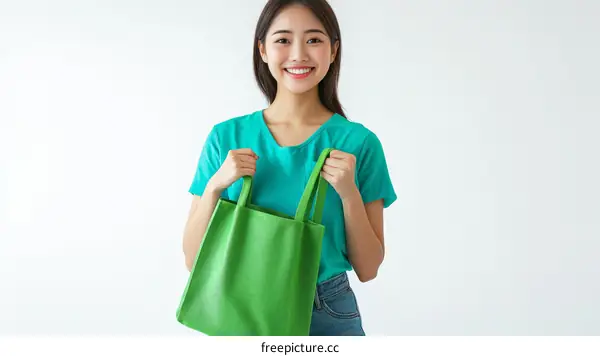 Woman Holding Green Eco-Friendly Shopping Bag