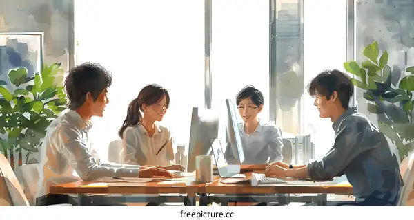Four business people having a meeting in an office