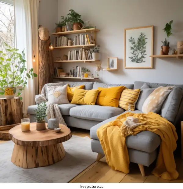 A cozy living room with a gray sofa, yellow pillows, and a wooden coffee table