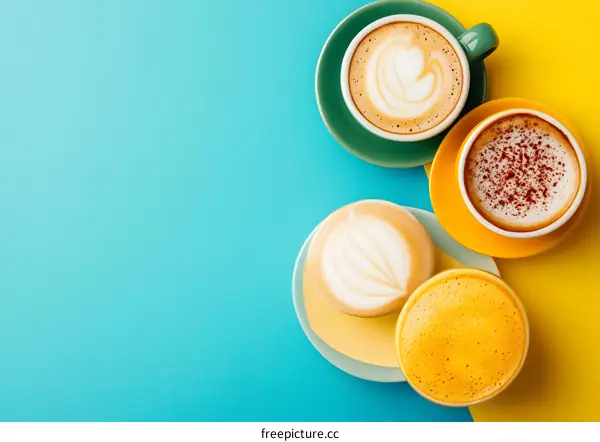 Four Cups of Coffee on Blue and Yellow Background